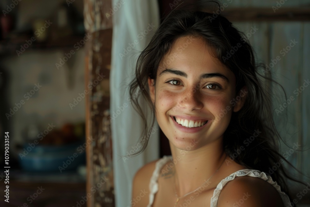 Smiling Hispanic young woman portrait at home Smiling Hispanic young woman portrait at home