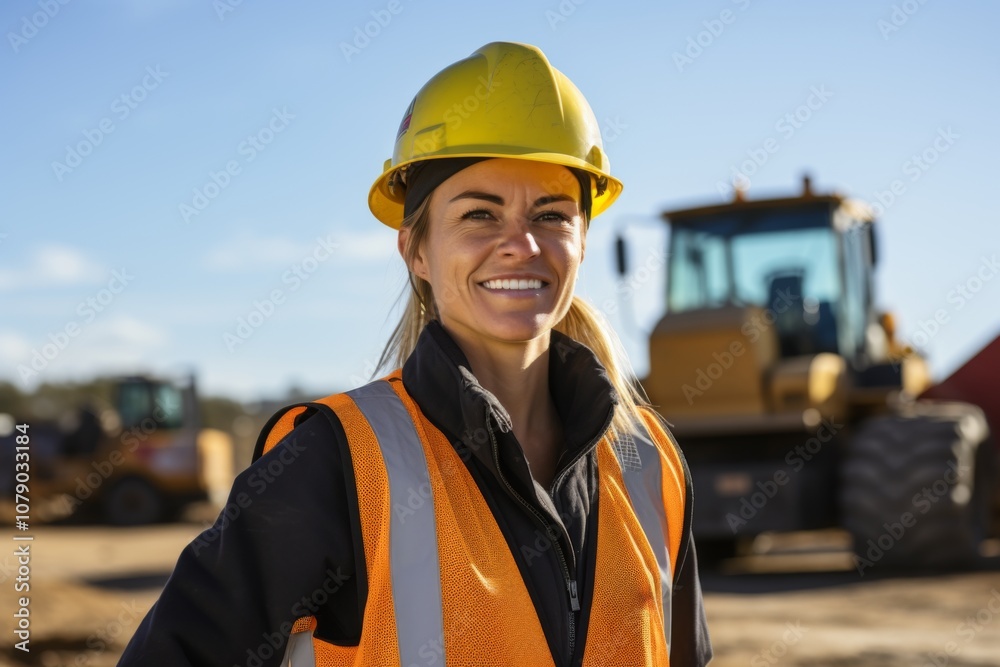 Portrait of a smiling female construction worker standing next to heavy machinery