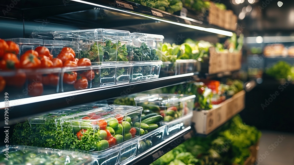 Futuristic Eco Friendly Grocery Store Display with Transparent Biodegradable Produce Packaging