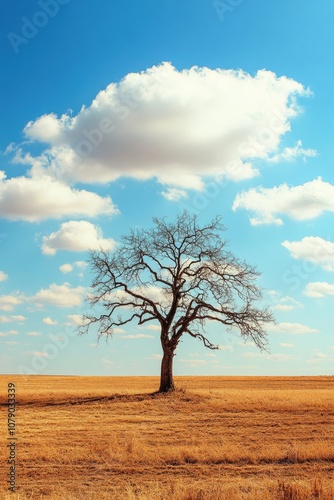 Serene Winter Landscape with Solitary Leafless Tree Against Cold Blue Sky