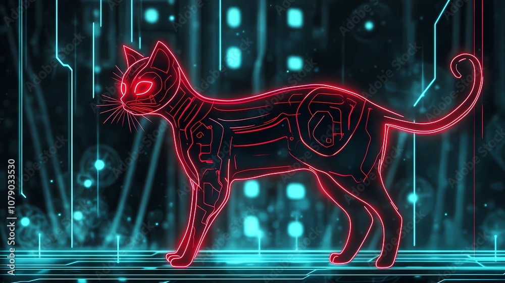 Cyberpunk cat-themed texture background with glowing neon lines, futuristic elements, and sleek metallic patterns for a vibrant, digital-age atmosphere in design