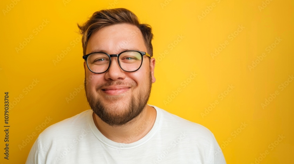Smiling man posing against a bright yellow background in a casual white shirt, showcasing a cheerful expression during daylight Smiling man posing against a bright yellow background in a casual white shirt, showcasing a cheerful expression during daylight