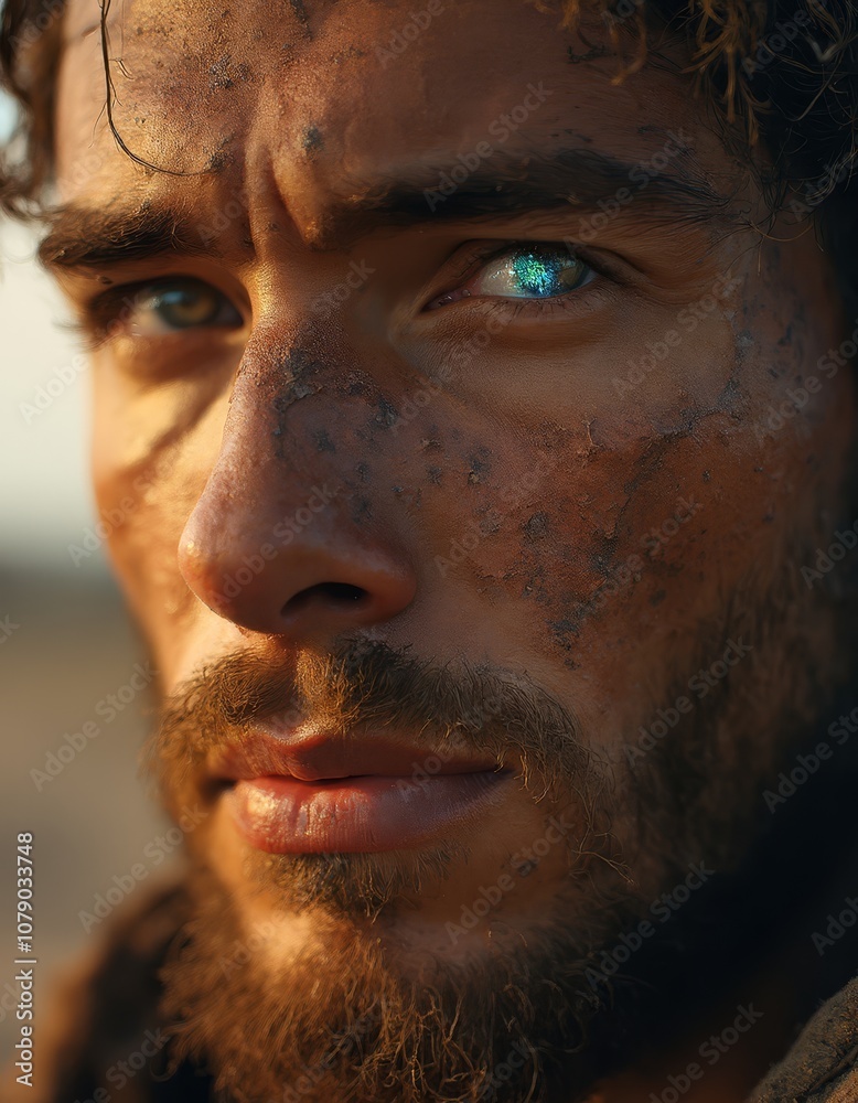 Obraz premium A man with blue eyes and a beard covered in mud