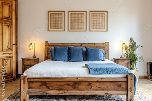 Rustic wooden bed with blue pillows and two bedside cabinets against white wall with three posters frames. Farmhouse interior design of modern photo