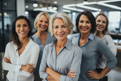 Portrait of a smiling group of body positive middle aged females in office