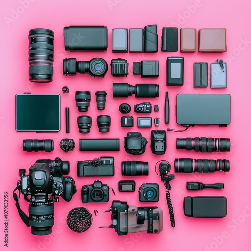 A professional photographer's modern gear, including a laptop, is shown on a bright background.