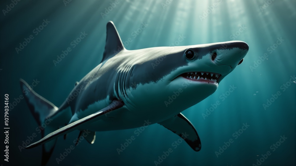 Fototapeta premium A great white shark swimming in the ocean with its mouth open