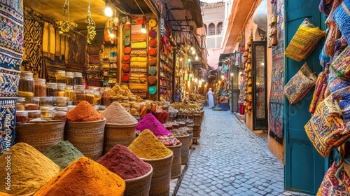 Vibrant Spices and Colorful Textiles Fill a Moroccan Souk