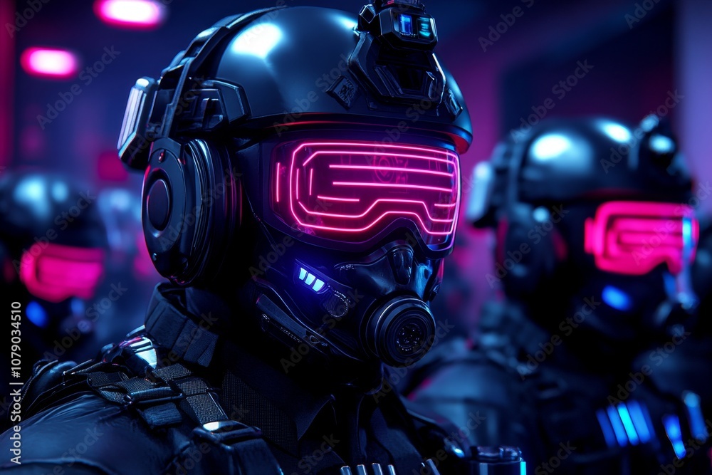 High-tech cyberpunk police station with augmented reality elements and officers in advanced gear High-tech cyberpunk police station with augmented reality elements and officers in advanced gear