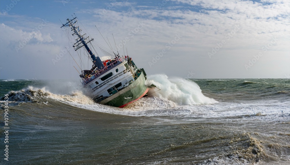 Naklejka premium 태풍으로 인해 흔들리는 배와 거센 파도