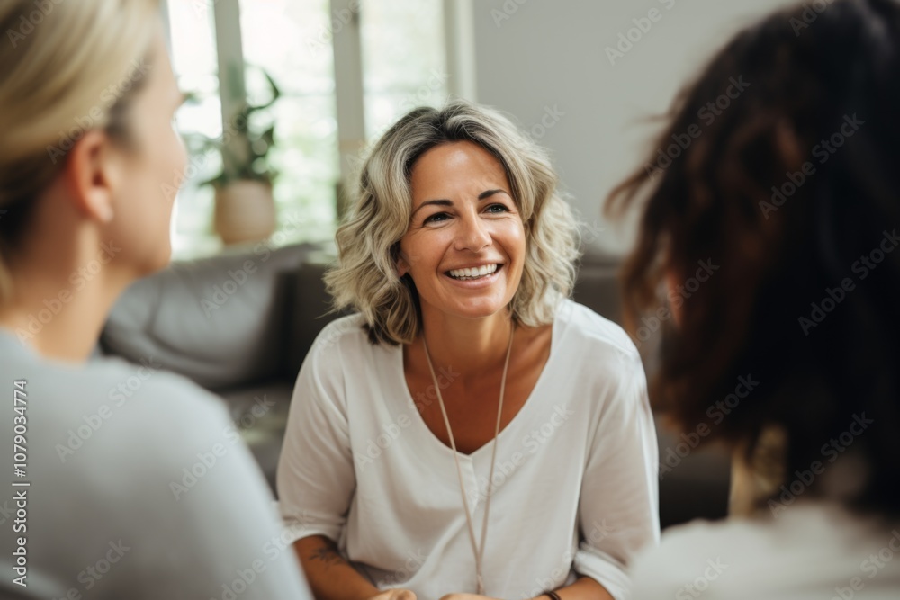 Middle aged female therapist conducting a group session Middle aged female therapist conducting a group session