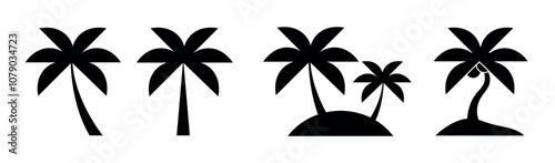 Tropical Palm Trees Vector Flat Set on White Background. Black Isolated Silhouettes Collection for Web, Print, Branding, Logo, Packaging.