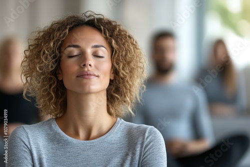 A group of individuals meditating indoors in a calm and serene environment during a wellness session