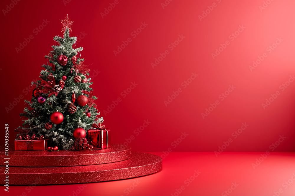 A red background with a Christmas tree decoration on it. The tree decoration is made up of red and green balls, design christmas concept. A red background with a Christmas tree decoration on it. The tree decoration is made up of red and green balls, design christmas concept.