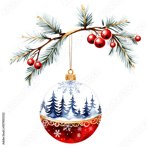 Watercolor Christmas Tree Ball on Branch on a transparent background