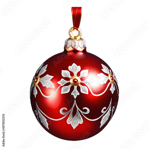 Red Christmas Ornament with White Flowers on a transparent background