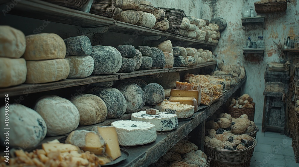 A rustic cheese shop with shelves filled with various types of cheeses. A rustic cheese shop with shelves filled with various types of cheeses.