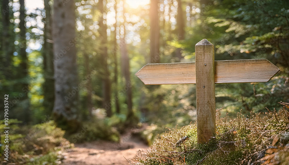 Wooden signpost in forest path. Wood sign. Way direction. Beautiful wild nature. Wooden signpost in forest path. Wood sign. Way direction. Beautiful wild nature.