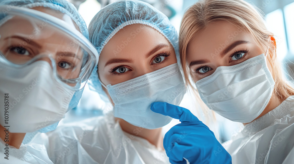 Three Healthcare Professional Nurses in Personal Protective Equipment Posing Confidently at a Medical Facility During the Day with Gorgeous Eyes Three Healthcare Professional Nurses in Personal Protective Equipment Posing Confidently at a Medical Facility During the Day with Gorgeous Eyes