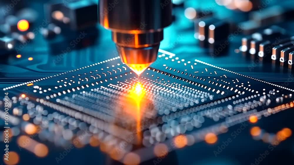 A semiconductor wafer is carefully etched by a laser in a close-up shot, with high-tech equipment surrounding the process, symbolizing the advanced manufacturing of electronics com