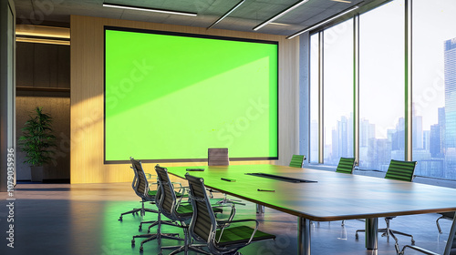 huge projector green screen office work station meeting room chroma key monitor filming location indoor modern scene mockup composition sunlight sun rays from windows photo