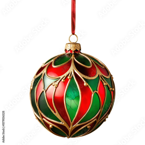 Vintage red and green Christmas ball with gold design on a transparent background