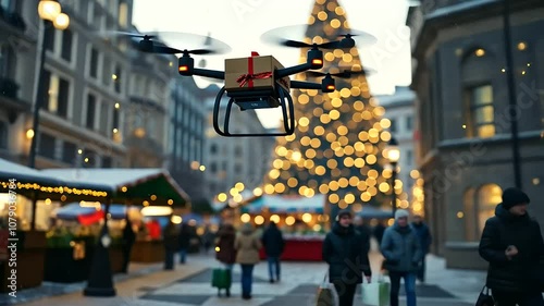 Wallpaper Mural A brightly lit drone delivers a wrapped present over a bustling Christmas market, where snow falls gently and a towering Christmas tree glows with golden lights amidst the festive Torontodigital.ca