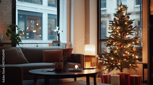 A cozy living room with a decorated Christmas tree and gifts underneath, a couch, a coffee table, and a lamp