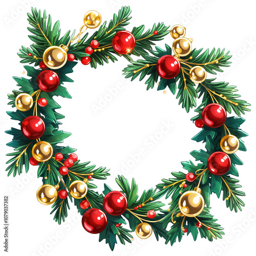 Wreath with red and gold Christmas balls and green leaves on transparent background