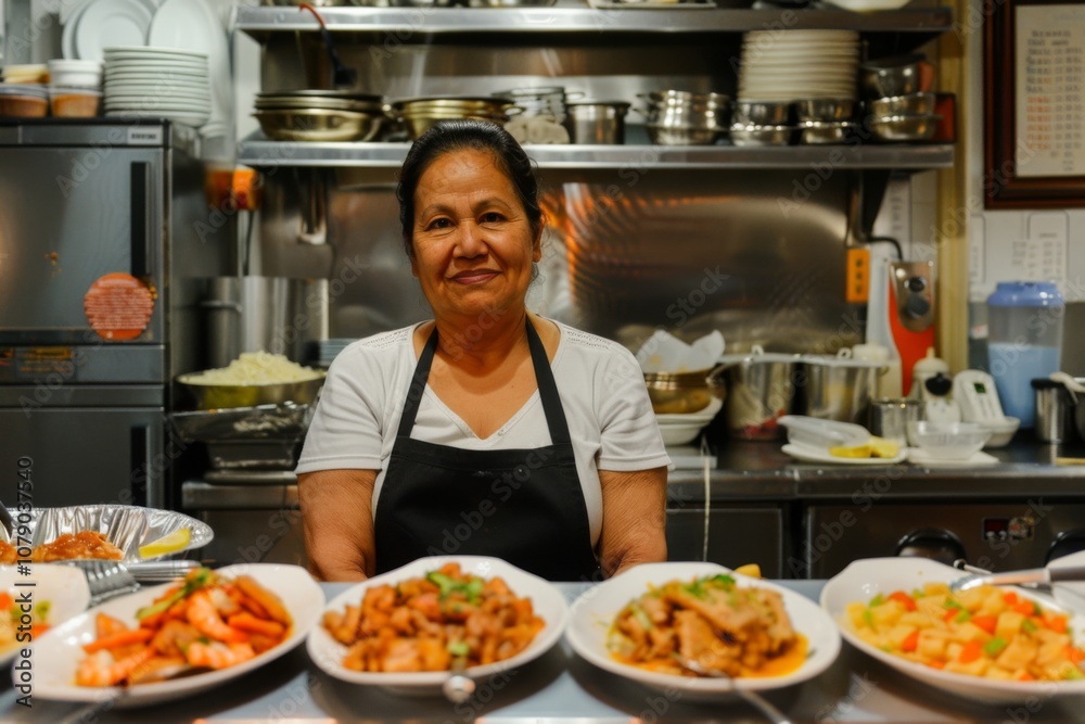 Woman stands behind a counter filled with plates of food Woman stands behind a counter filled with plates of food
