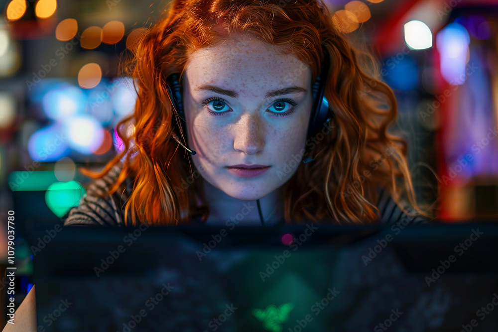 A woman with red hair is sitting at a desk with a laptop in front of her. She is looking at the screen with a serious expression. A woman with red hair is sitting at a desk with a laptop in front of her. She is looking at the screen with a serious expression.