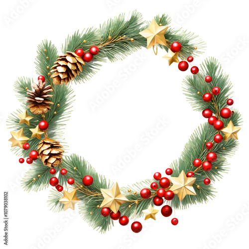 Christmas pine cone wreath with red berries and gold stars on transparent background