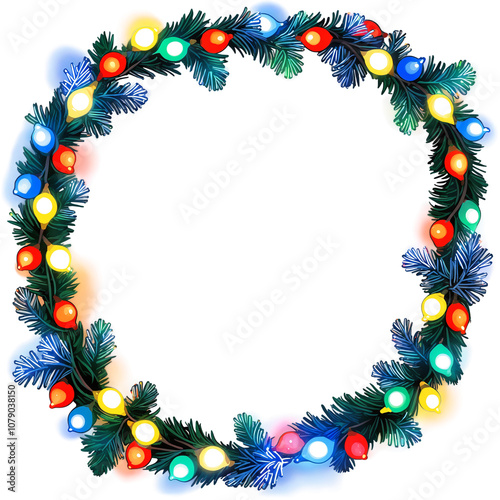 Colorful Christmas lights decorate a festive wreath on transparent background