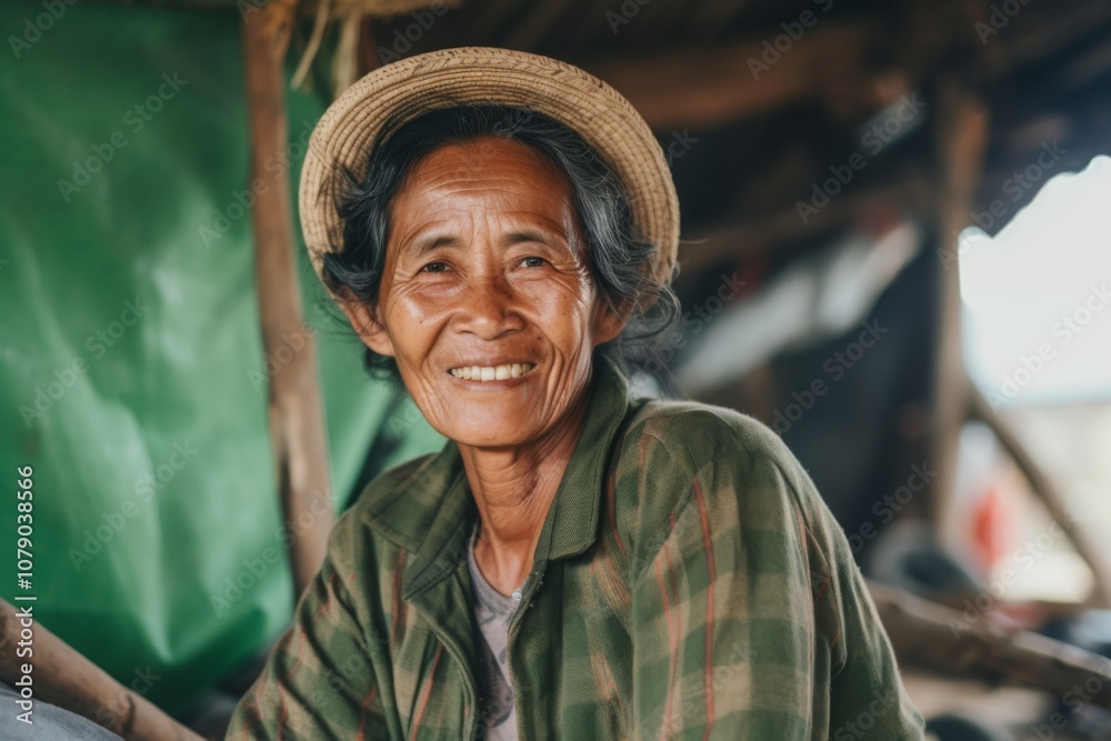 Portrait of a smiling middle aged Asian farmer in stable Portrait of a smiling middle aged Asian farmer in stable