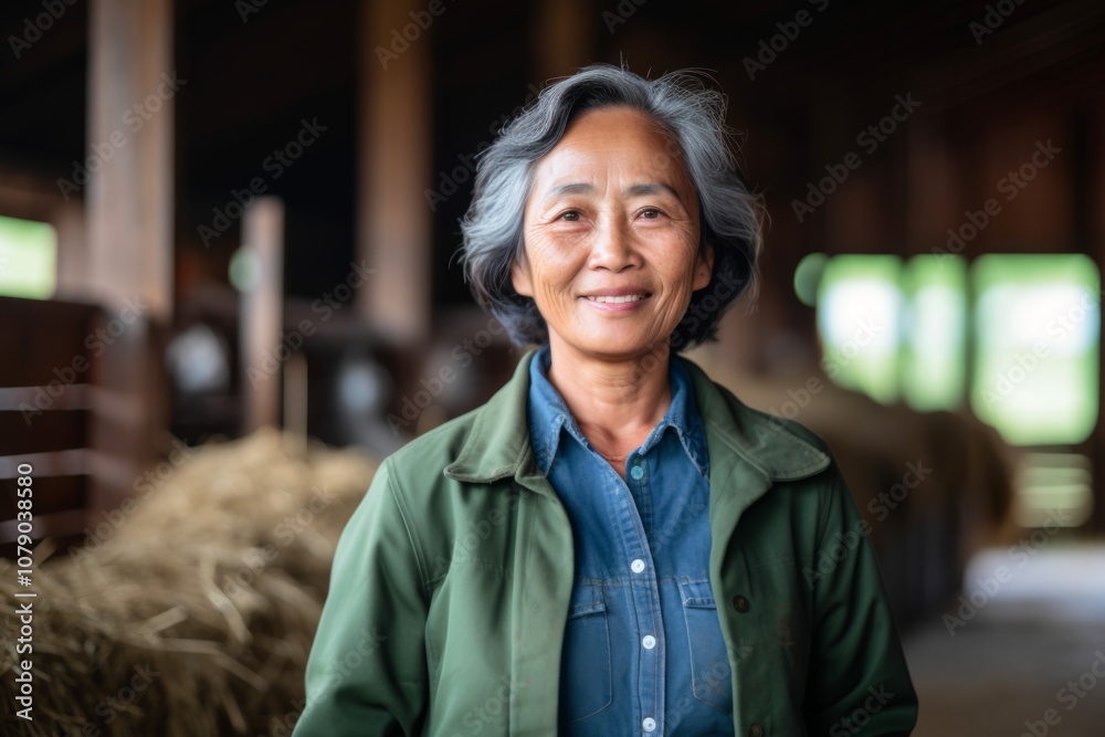 Portrait of a smiling middle aged Asian farmer in stable Portrait of a smiling middle aged Asian farmer in stable