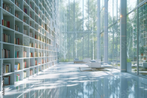 Interior of a pristine modern library bather with natural light