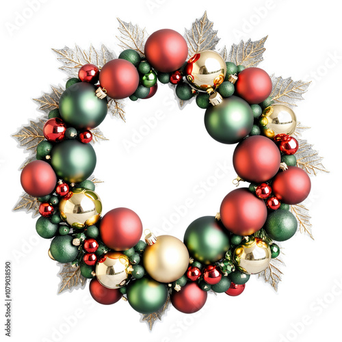 Christmas wreath with red gold and green ornaments on transparent background
