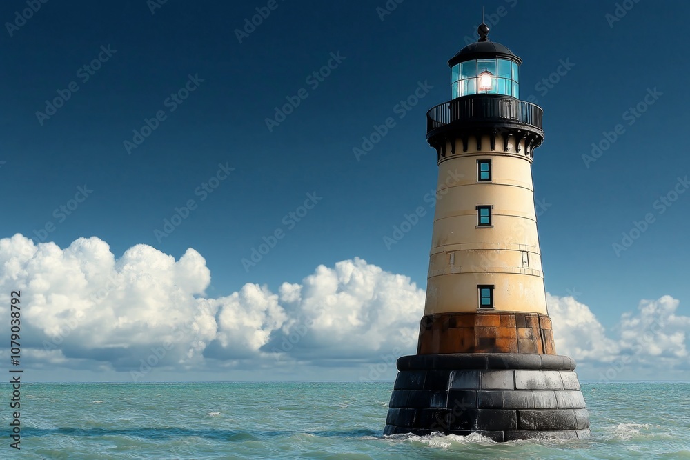 Retro-style illustration of a lighthouse on the ocean, with soft tones and nostalgic design Retro-style illustration of a lighthouse on the ocean, with soft tones and nostalgic design