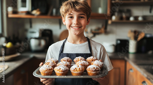 Young Baker Proudly Holding a Tray of Freshly Baked Muffins in a Cozy Kitchen Filled With Natural Light in the Afternoon