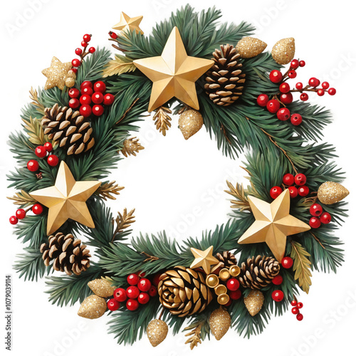Gold stars with red berries and pine cones on a green wreath on transparent background