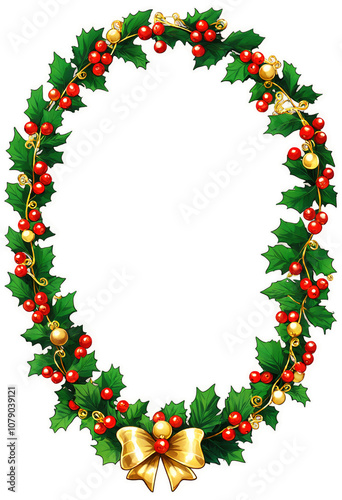 Wreath with red berries and green leaves on transparent background