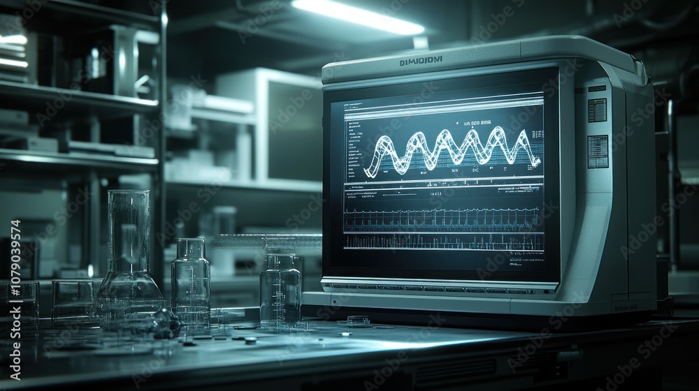 A scientific monitor displaying a graph in a laboratory setting. A scientific monitor displaying a graph in a laboratory setting.