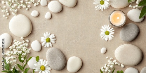 Tranquil Zen-inspired Oasis with White Flower, Candles, and Stones on Beige Surface