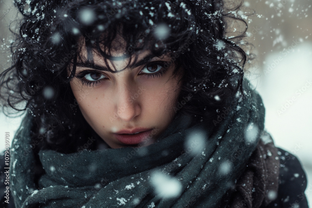 Close-up portrait of a very beautiful brunette woman with a relaxed face outdoors in winter during a snowfall. The woman's hair is covered with snowflakes. The woman enjoys a walk, breathing in the Close-up portrait of a very beautiful brunette woman with a relaxed face outdoors in winter during a snowfall. The woman's hair is covered with snowflakes. The woman enjoys a walk, breathing in the