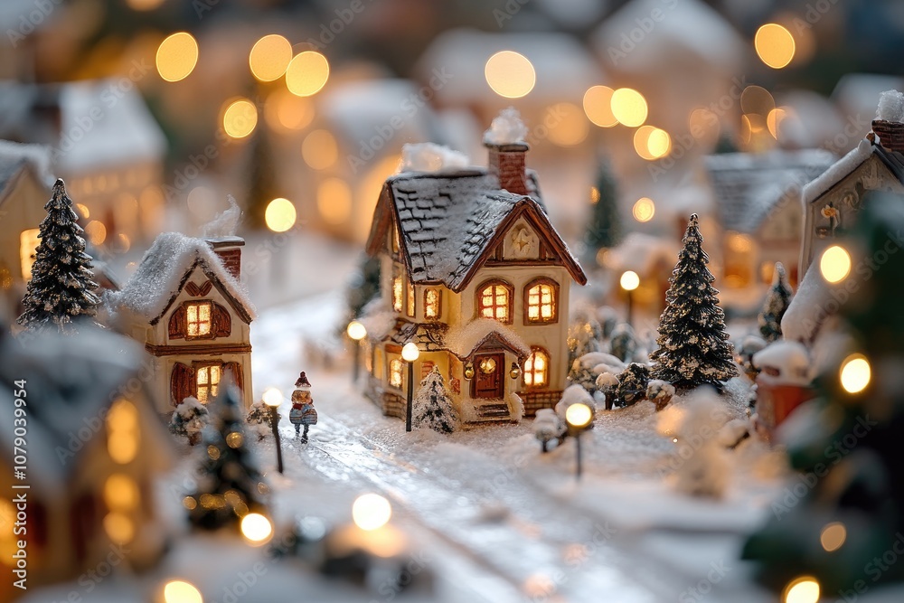 Miniature christmas village glowing under falling snow at night Miniature christmas village glowing under falling snow at night