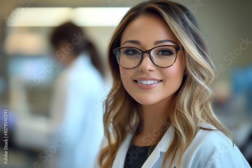 Young Female Doctor in Glasses Smiling in Lab Coat