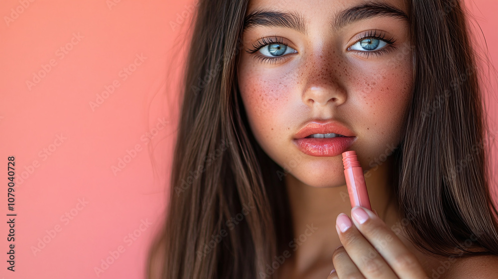 Young Girl With Striking Blue Eyes Applying Lip Product Against a Coral Background in a Bright and Cheerful Setting Young Girl With Striking Blue Eyes Applying Lip Product Against a Coral Background in a Bright and Cheerful Setting