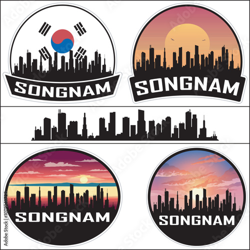 Songnam Skyline South Korea Flag Cityscape Silhouette Travel Souvenir Sticker Sunset Isolated Vector