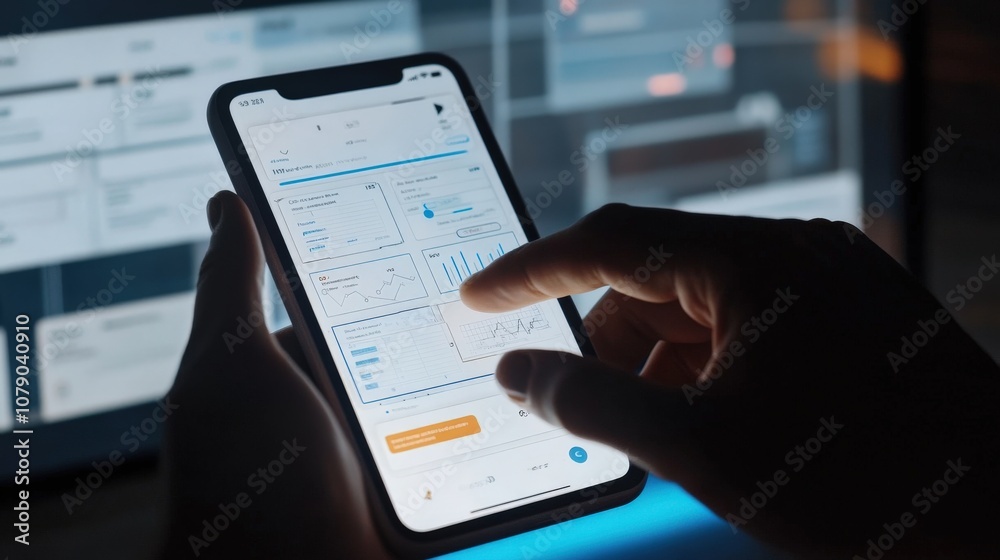 User Interacting with Mobile Application Showing Data Analytics on Smartphone Screen while Visualizing Data Charts on Background Display