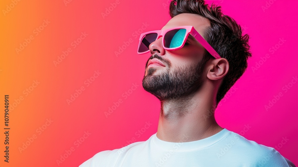 Stylish young man wearing oversized pink sunglasses against a vibrant gradient background, exuding confidence and modern flair in a creative portrait setting. Stylish young man wearing oversized pink sunglasses against a vibrant gradient background, exuding confidence and modern flair in a creative portrait setting.